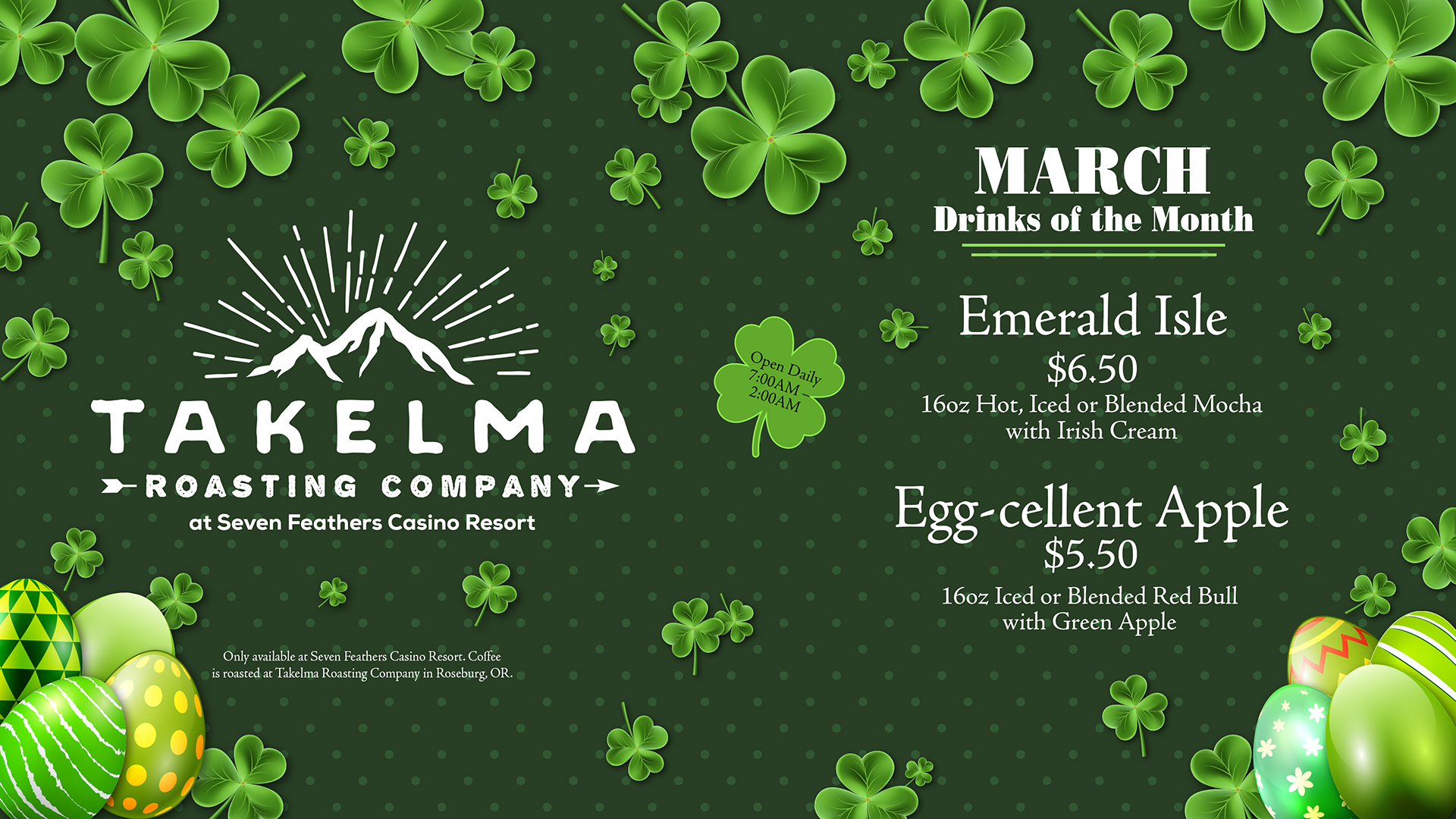 Enjoy The March Flavors Of The Month Inside Takelma Roasting Co. Inside Seven Feathers Casino Resort