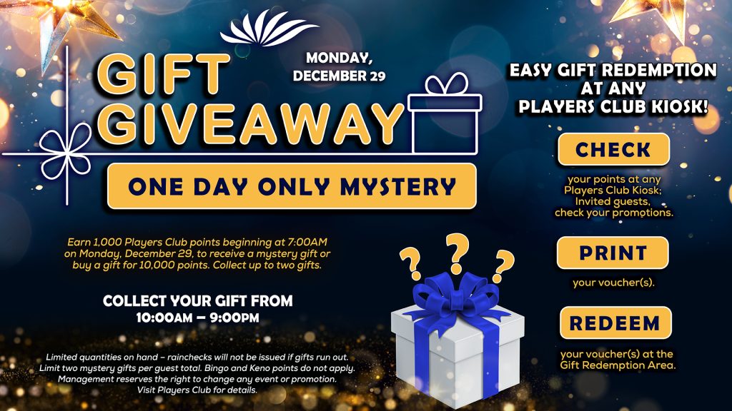 Seven Feathers Casino Resort Is Hosting A Mystery Gift Giveaway On Monday December 29th In Canyonville Oregon