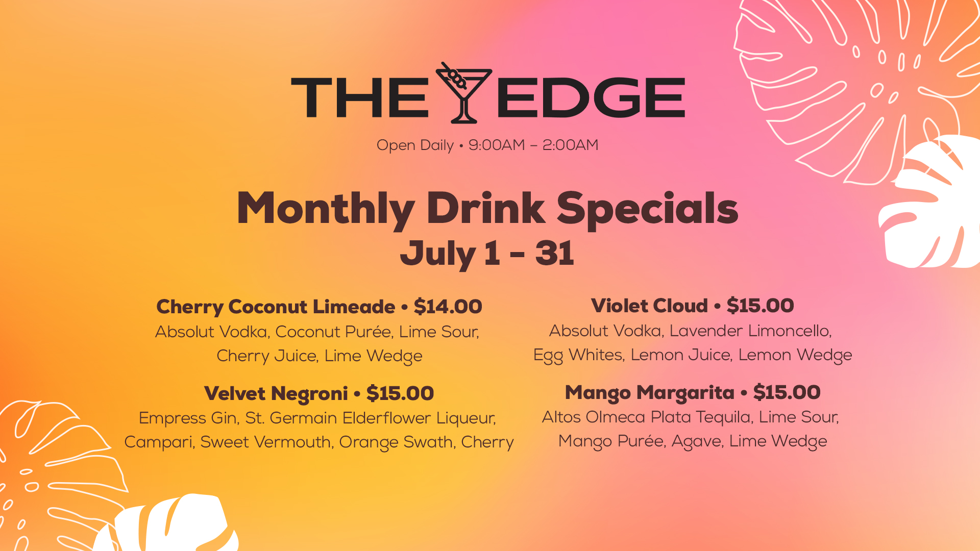 Monthly Drink Specials For July 2026 At Edge Bar At Seven Feathers Casino
