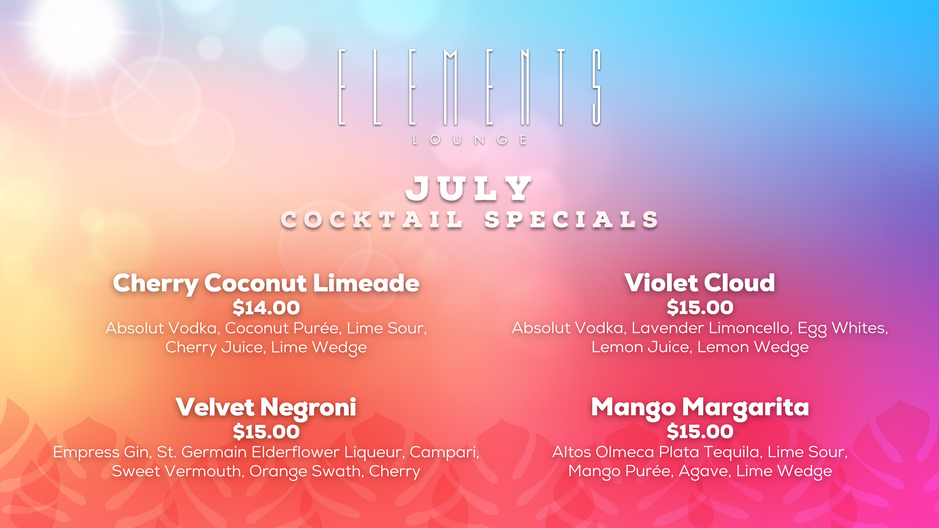 July Elements Lounge Signature Cocktails At Seven Feathers Include Cherry Coconut Limeade, A Mango Margarita, Violet Cloud, and the Velvet Negroni