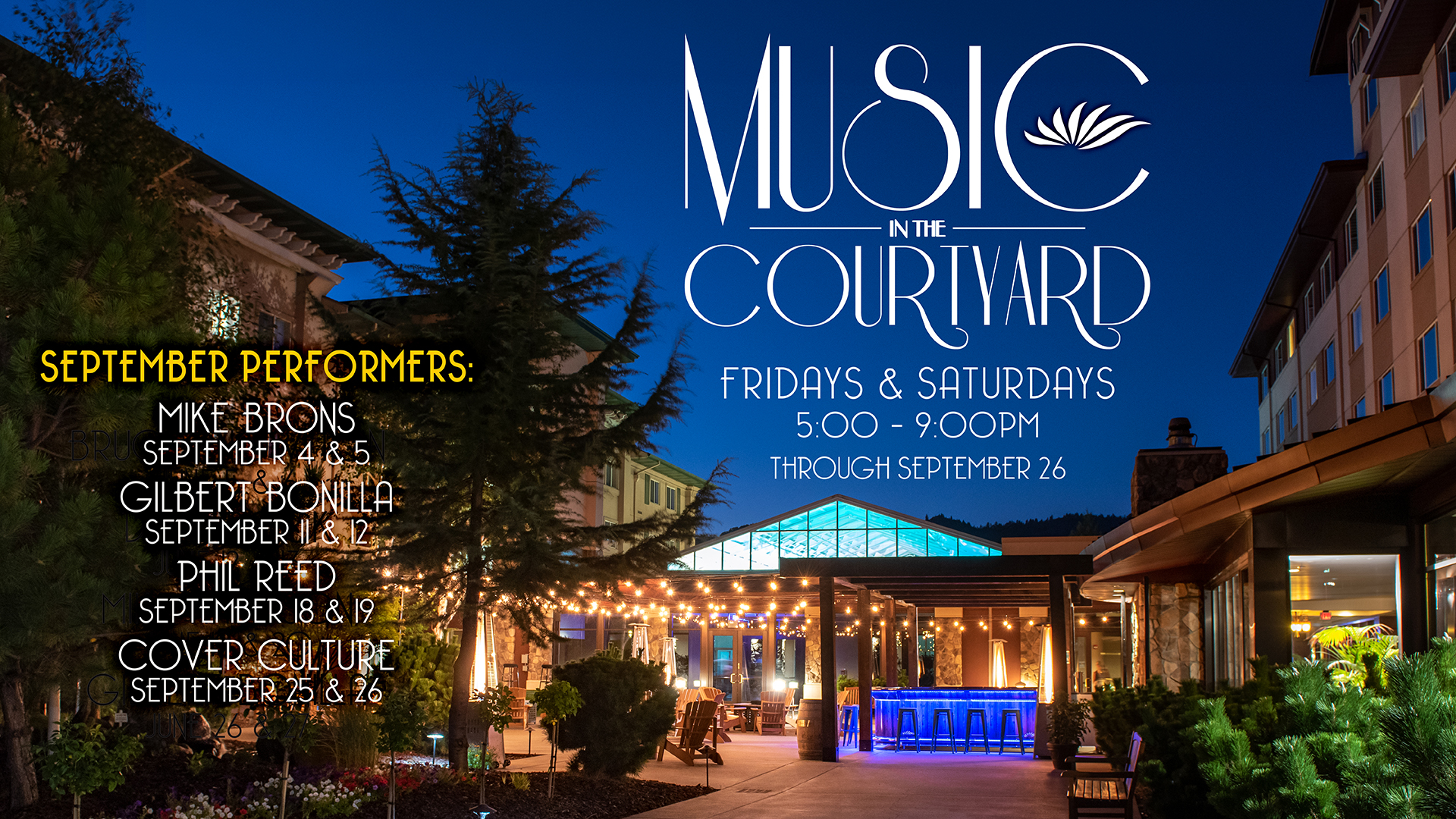 Enjoy free live music in the hotel courtyard this September at Seven Feathers Casino Resort