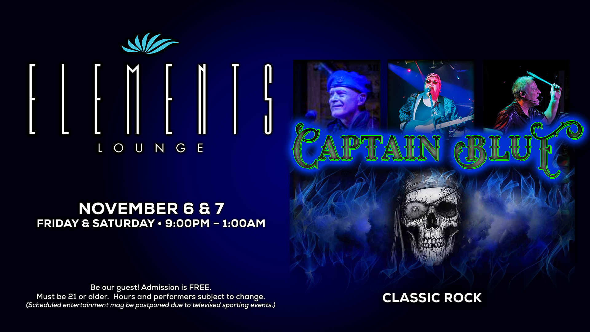 Captain Blue classic rock band performing at Elements Lounge at Seven Feathers Casino Resort, November 6–7, 2026, from 9 PM to 1 AM.