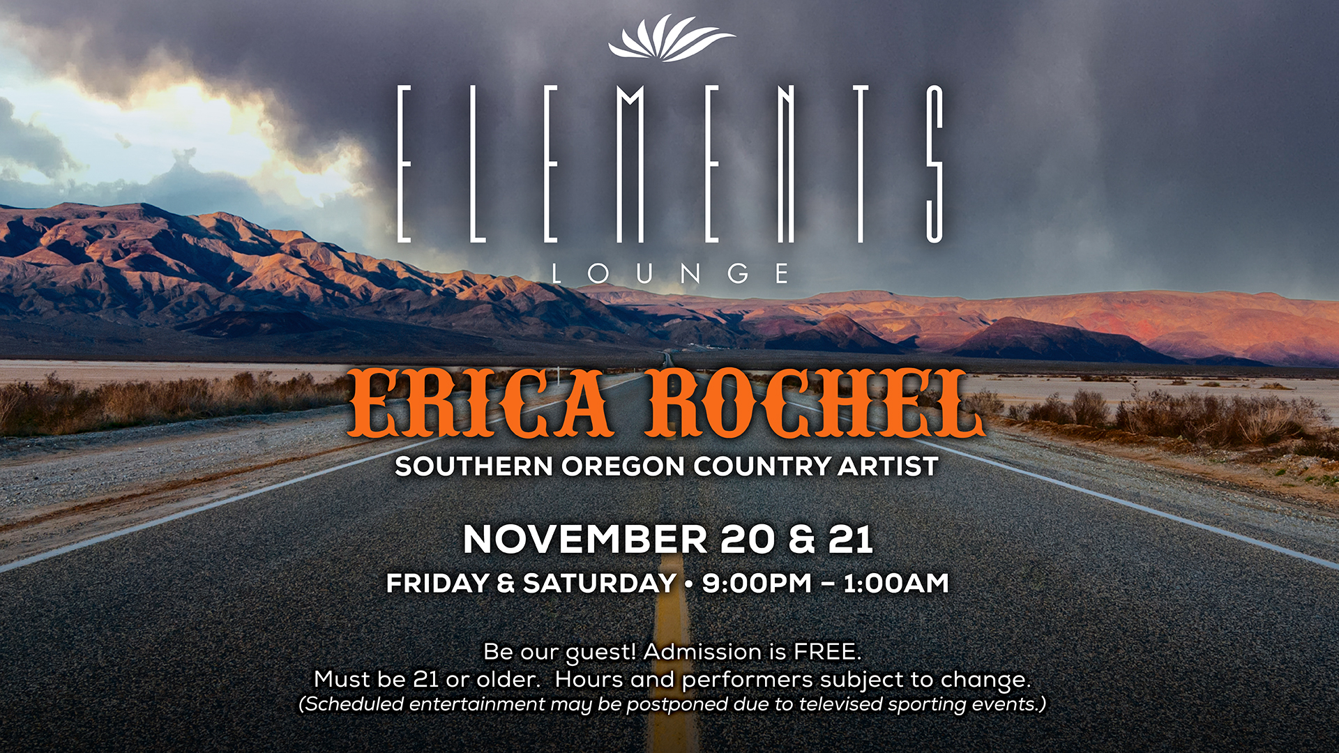 Erica Rochel, Southern Oregon country music artist, performing live at Elements Lounge at Seven Feathers Casino Resort, November 20–21, 2026, from 9 PM to 1 AM.